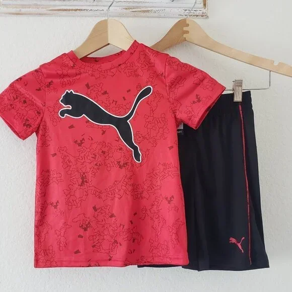 NWT - PUMA Youth Active Shorts High Risk Red Logo (Tee & Black Shorts) - Size 5 - Picture 2 of 4